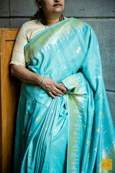 Madhumati - Teal Blue Banarasi Tussar Georgette Handwoven Saree