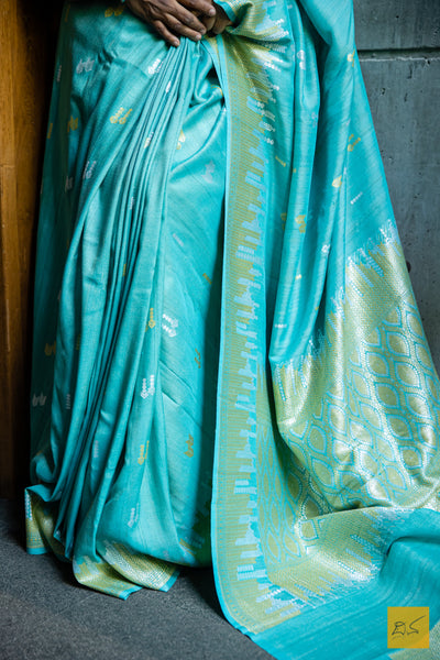 Madhumati - Teal Blue Banarasi Tussar Georgette Handwoven Saree