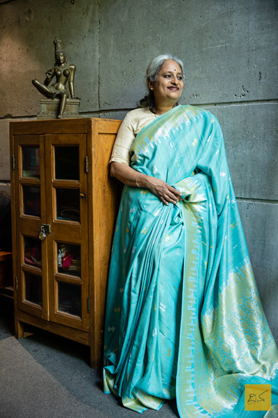 Madhumati - Teal Blue Banarasi Tussar Georgette Handwoven Saree