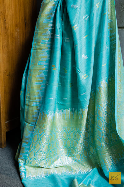 Madhumati - Teal Blue Banarasi Tussar Georgette Handwoven Saree