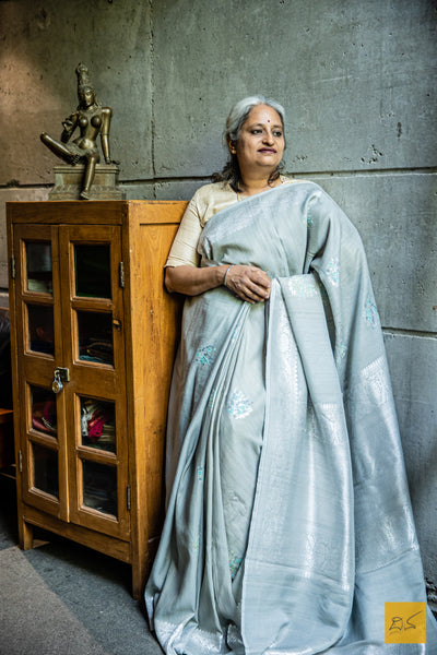 Matangi - Grey Banarasi Tussar Silk Handwoven Saree