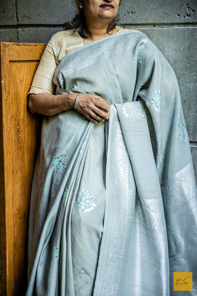 Matangi - Grey Banarasi Tussar Silk Handwoven Saree