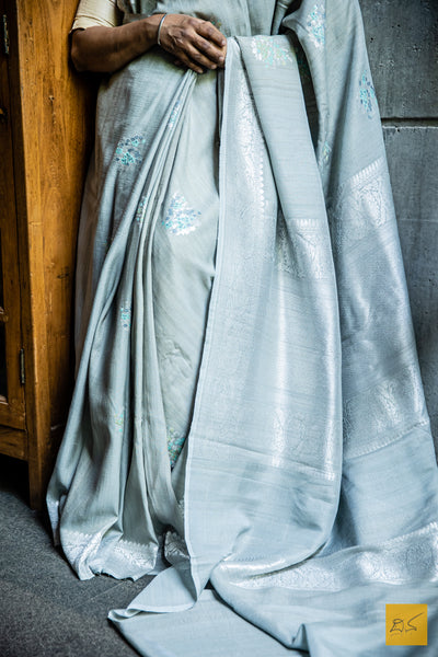 Matangi - Grey Banarasi Tussar Silk Handwoven Saree