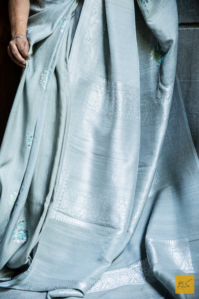 Matangi - Grey Banarasi Tussar Silk Handwoven Saree