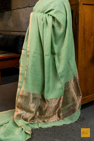 Valli - Light Green Silk Linen Tissue Handwoven Saree
