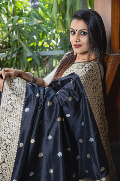 Kalindi - Black Banarasi Katan silk handwoven saree