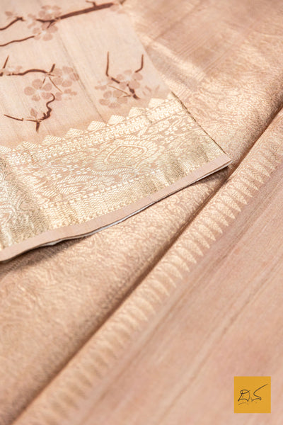Abhava- Beige Banarasi Printed Tusser Silk Handwoven Saree