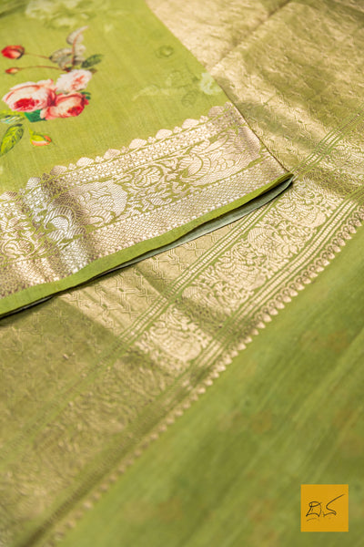 Krithini- Green Banarasi Printed Tusser Silk Handwoven Saree