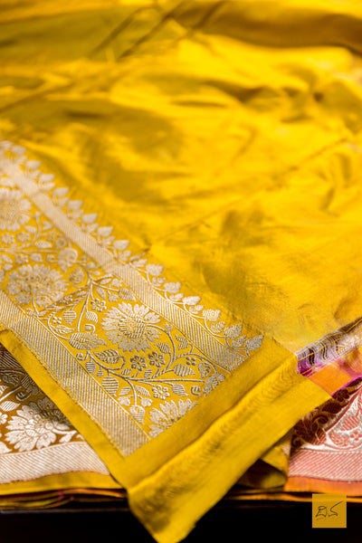 Adrika- Pink-Yellow Banarasi Katan Silk Handwoven Saree