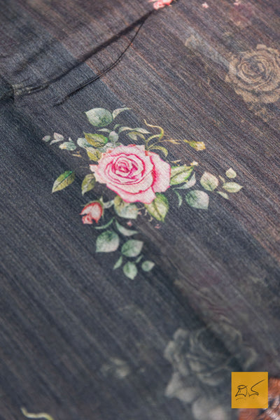 Dhareshi- Grey Banarasi Printed Tusser Silk Handwoven Saree