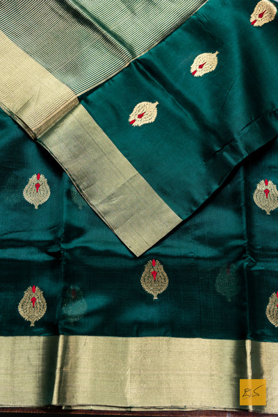Manju- Bottle Green Chanderi Pure Silk Handwoven Saree