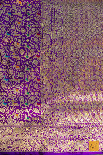 Praphulla- Purple Shikargah Banarasi Katan Silk Handwoven Saree