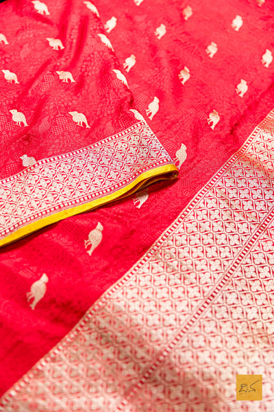 Bhagavati - Red-Yellow Banarasi Katan Silk Handwoven Saree