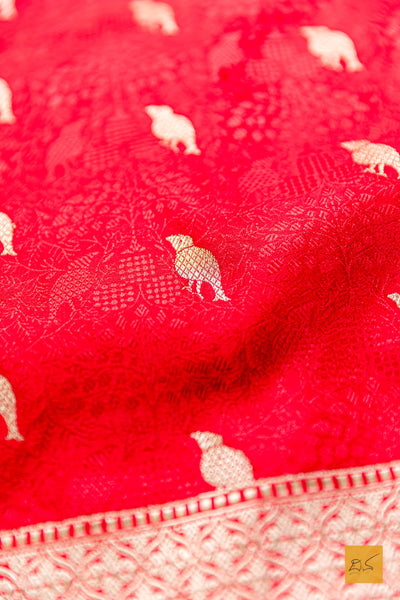 Bhagavati - Red-Yellow Banarasi Katan Silk Handwoven Saree