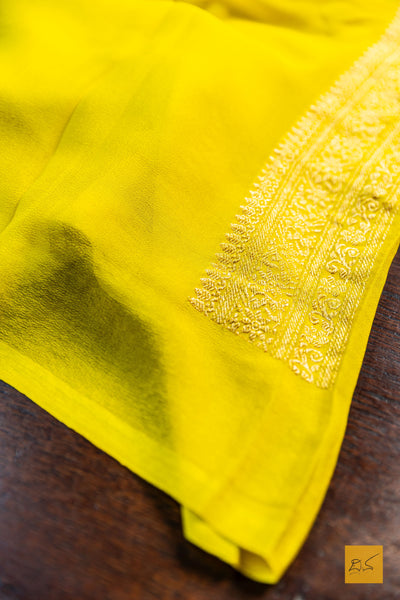 Sevanthi- Yellow Banarasi Georgette Printed Handwoven Saree