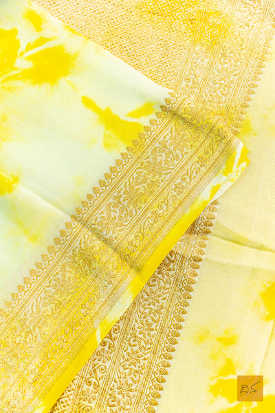 Sevanthi- Yellow Banarasi Georgette Printed Handwoven Saree