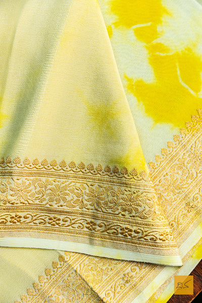 Sevanthi- Yellow Banarasi Georgette Printed Handwoven Saree