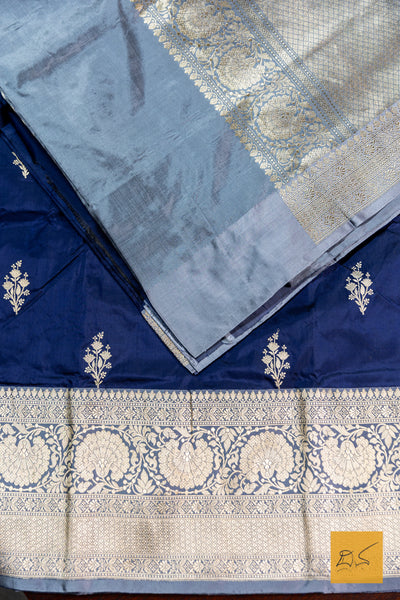 Blue & Grey Banarasi Katan Silk Handwoven Saree