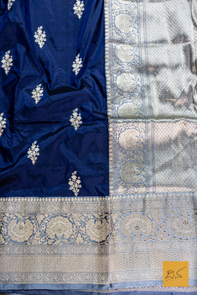 Blue & Grey Banarasi Katan Silk Handwoven Saree