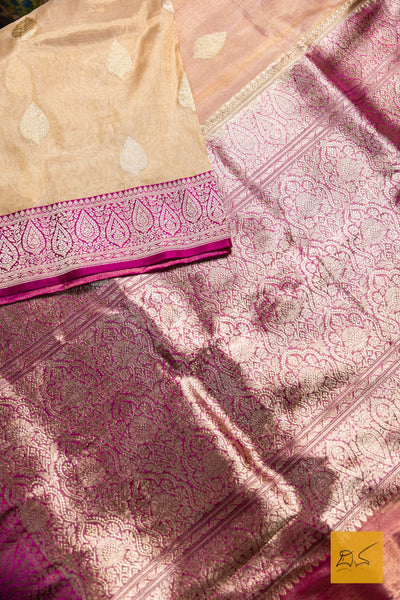 Aravinda- Off White-Pink Banarasi Tissue Katan Silk Handwoven Saree