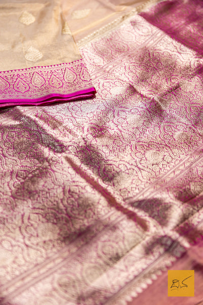 Aravinda- Off White-Pink Banarasi Tissue Katan Silk Handwoven Saree