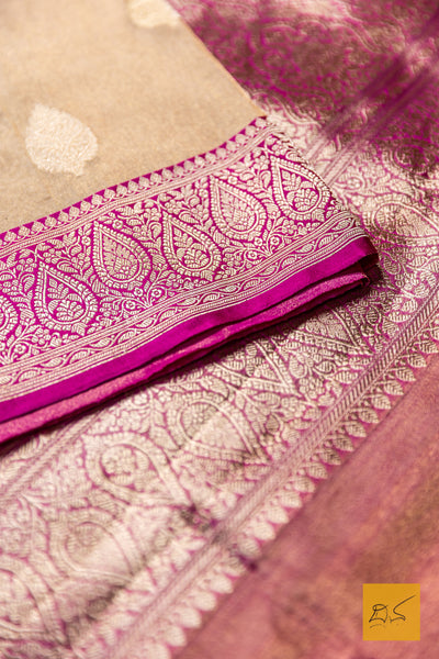 Aravinda- Off White-Pink Banarasi Tissue Katan Silk Handwoven Saree