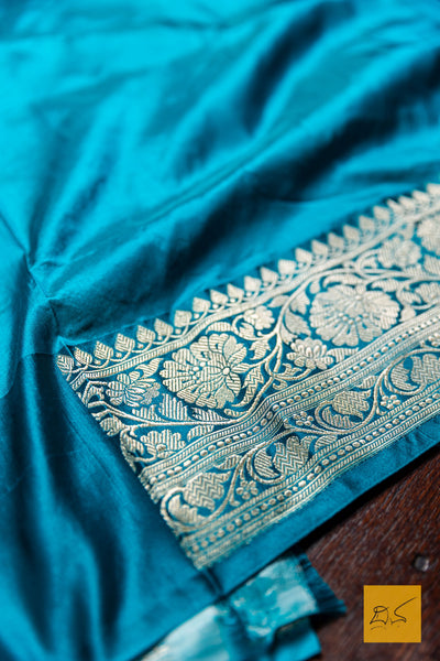 Advika- Off White- Turquoise Blue Banarasi Katan Silk Handwoven Saree