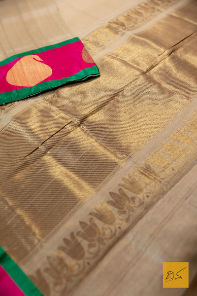 Roopavathi- Beige Banarasi Tussar Silk Cotton Handwoven Saree