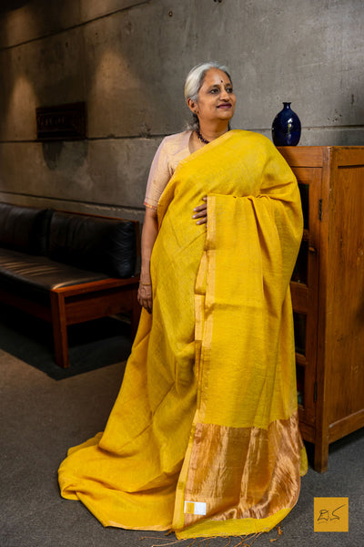 Gowri- Yellow Silk Linen Tissue Handwoven Saree
