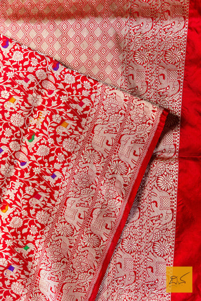 Bhargavi- Red Shikargah Banarasi Katan Silk Handwoven Saree