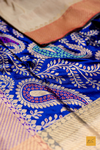 Royal Blue and Off White Banarasi Silk Handwoven Saree