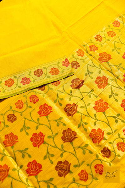 Kathyaini- Yellow Banarasi Jamdani Cotton Handwoven Saree