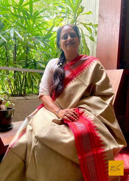 Saudamini is a beautiful, handwoven dupion silk sari with a temple border. The bold combination of the beige and red make this sari perfect for any occasion. Crafted with expert artisans, this sari is sure to turn heads.  Fabric-Raw (Dupion) Silk.