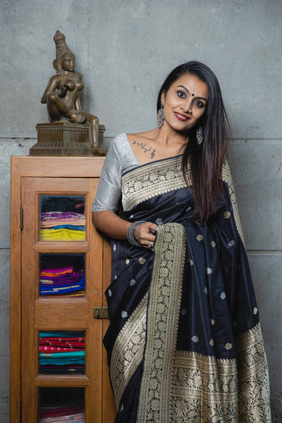 Kalindi - Black Banarasi Katan silk handwoven saree
