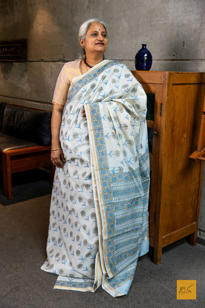 Sahiti- Sky Blue Chanderi Block Printed Silk Cotton Saree
