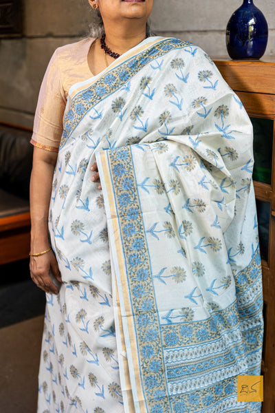 Sahiti- Sky Blue Chanderi Block Printed Silk Cotton Saree