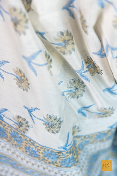 Sahiti- Sky Blue Chanderi Block Printed Silk Cotton Saree