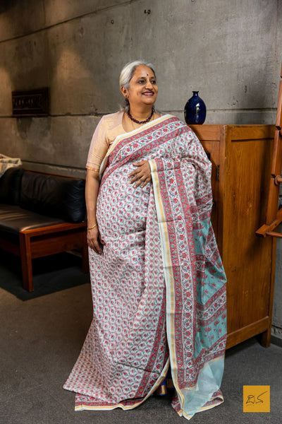 Samaya- Green Chanderi  Block Printed Silk Cotton Saree