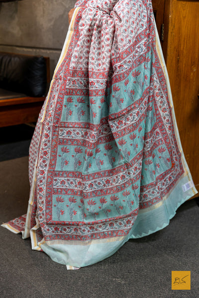 Samaya- Green Chanderi  Block Printed Silk Cotton Saree