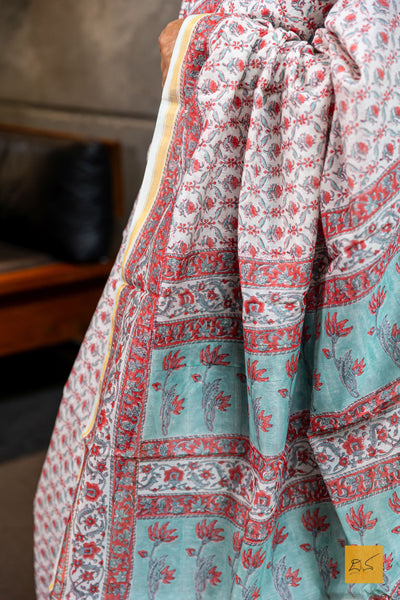 Samaya- Green Chanderi  Block Printed Silk Cotton Saree