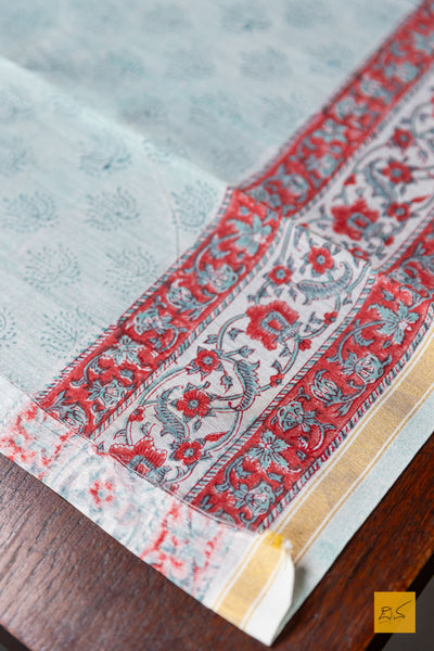 Samaya- Green Chanderi  Block Printed Silk Cotton Saree