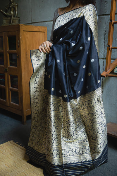 Kalindi - Black Banarasi Katan silk handwoven saree