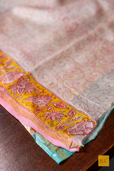 Sunanda- Orange Chanderi Block Printed Silk Cotton Saree