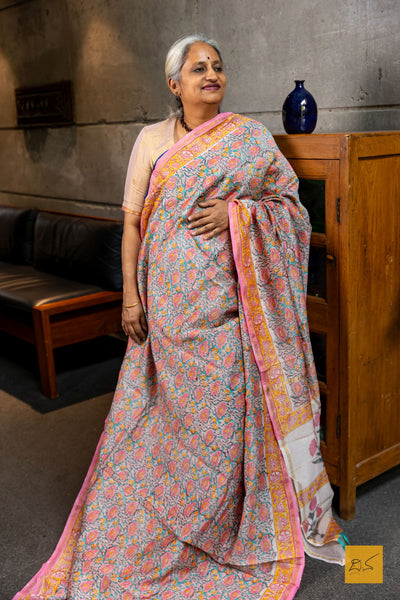 Sunanda- Orange Chanderi Block Printed Silk Cotton Saree