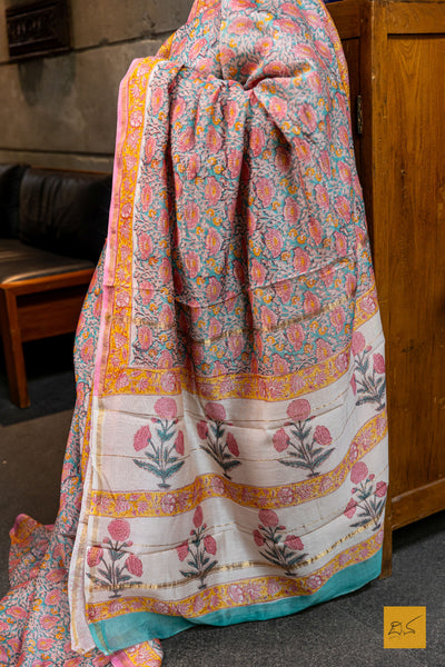 Sunanda- Orange Chanderi Block Printed Silk Cotton Saree