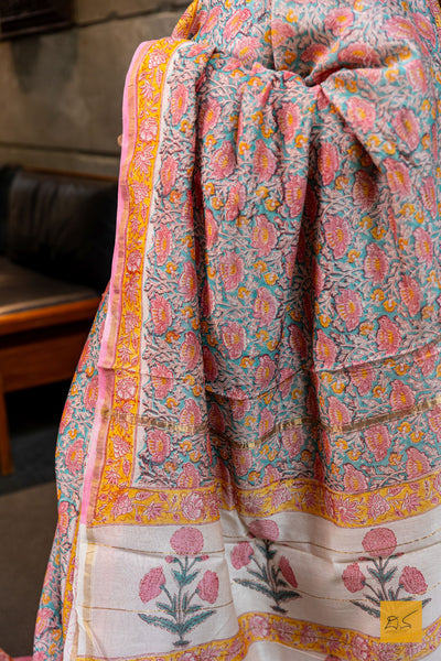 Sunanda- Orange Chanderi Block Printed Silk Cotton Saree