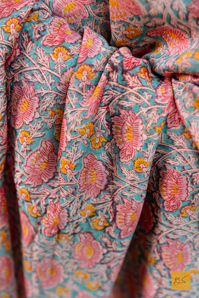 Sunanda- Orange Chanderi Block Printed Silk Cotton Saree