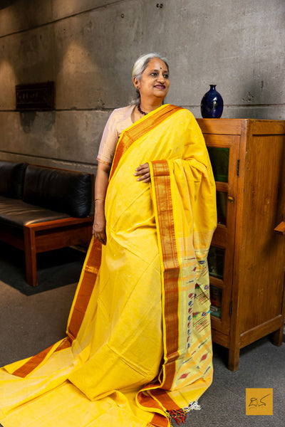 Hamsini- Yellow Paithani Cotton Handwoven Saree