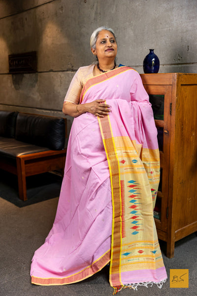 Hasini- Baby Pink Paithani Cotton Handwoven Saree