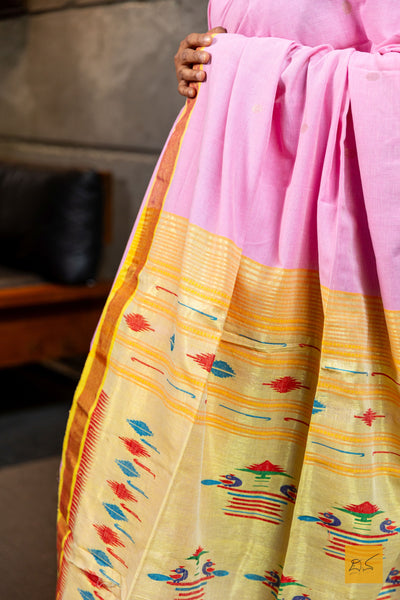 Hasini- Baby Pink Paithani Cotton Handwoven Saree